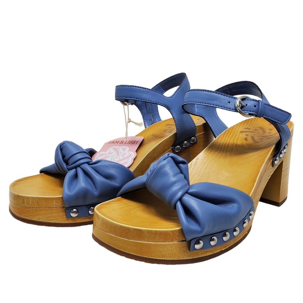 Sam & Libby Cassia Wood Sandal 8 NWT Densky Blue Studded Ankle Strap Y2K Boho
